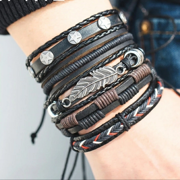 Set of 5 Trendy unisex leather bracelets - Picture 16 of 16